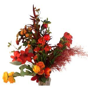 Artificial Fall Faux Floral Bouquet 13 Stems Red & Yellow Flowers Mixed Foliage